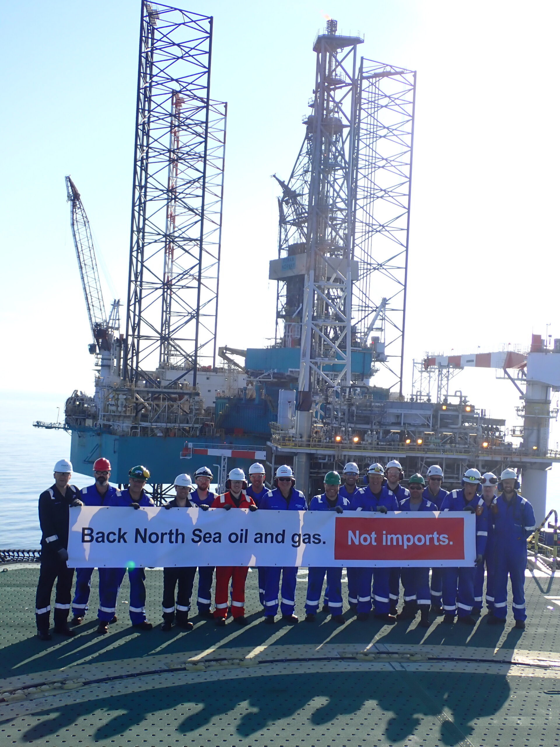 The banner goes up on an offshore installation.
